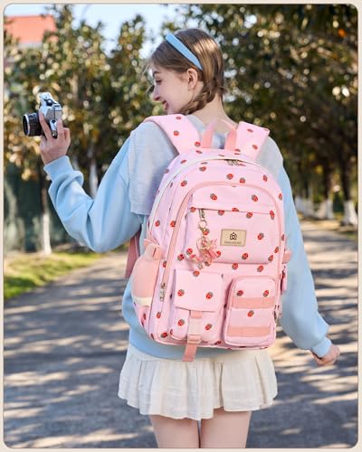 Hidds Laptop School Backpack for Teen Girls Women 156 Inch Cute College Backpacks Large Elementary Middle High School Bag Kids Student Strawberry Bookbag Anti Theft Travel Casual Daypack PinkStrawberry - Image 3