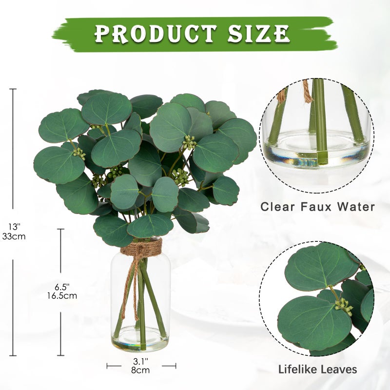 Briful Artificial Eucalyptus Stems in Clear Glass Vase with Faux Water, 14" Fake Plant Eucalyptus Leaves for Home Office Farmhouse Wedding Centerpiece DÃ©cor - Image 2