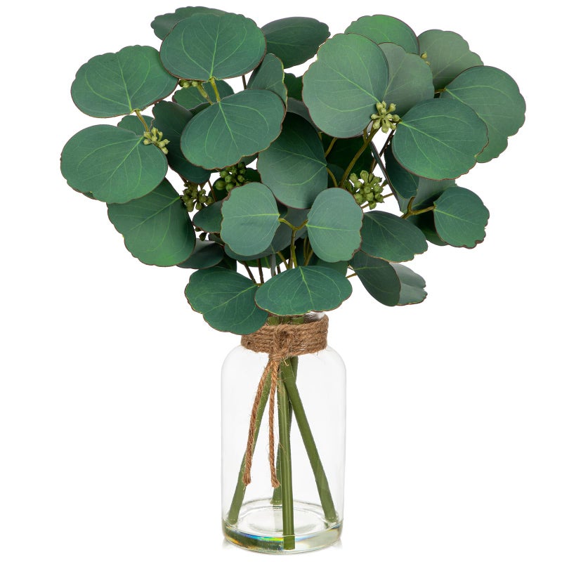 Briful Artificial Eucalyptus Stems in Clear Glass Vase with Faux Water, 14" Fake Plant Eucalyptus Leaves for Home Office Farmhouse Wedding Centerpiece DÃ©cor - Image 1