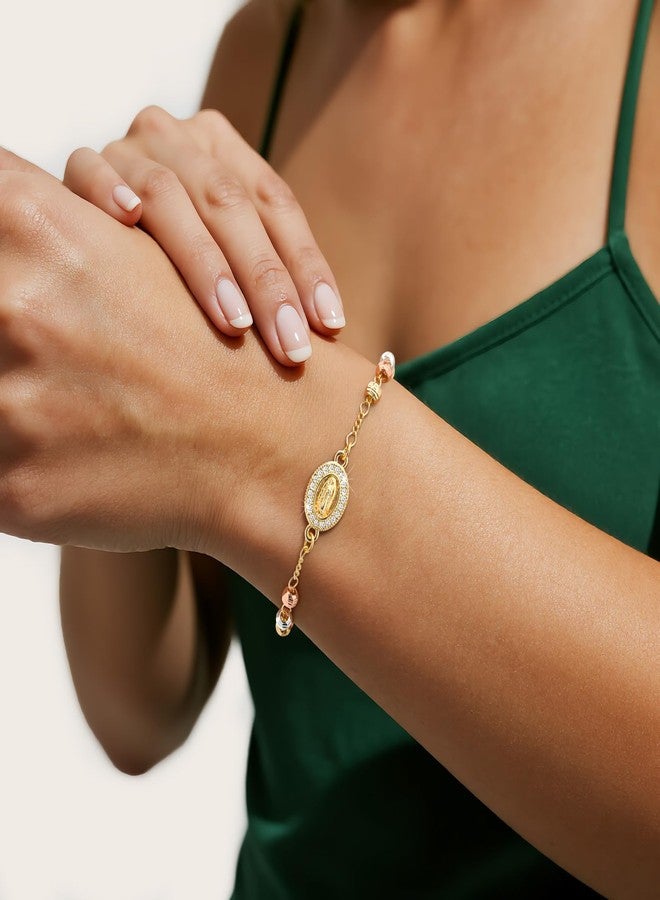 XUANPAI Women's Gold Rosary Beads Bracelet - 14K Gold Plated Virgin Mary Jesus Cross Bracelets,Catholic Crucifix Charm Link Jewelry,Dainty Virgen de Guadalupe Religious Gift for Confirmation First Communion - Image 2