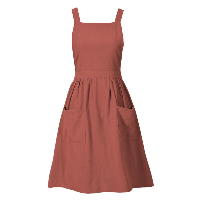 Pinknoke Cotton Linen Pinafore Apron Dress for Women with Pockets Cute Art Chef Aprons for Kitchen Baking Gardening Painting Burnt orange