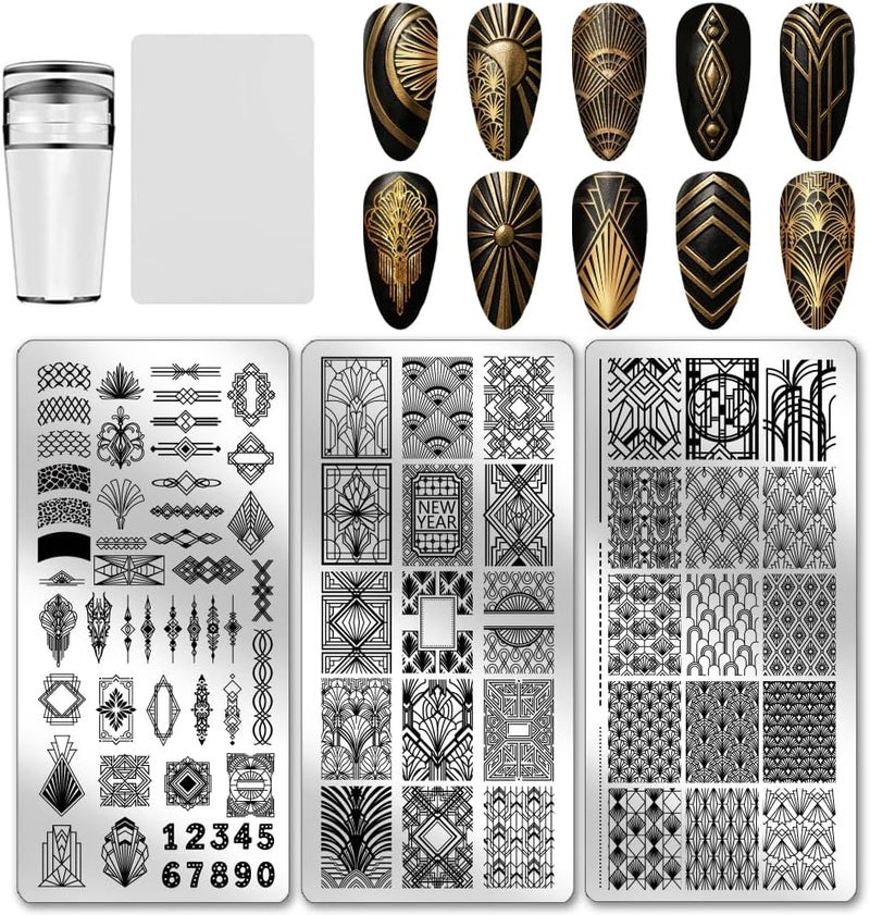 PH PandaHall 3pcs European Style Nail Stamping Plates Decorative Geometric Nail Art Templates Number Stencils Stainless Steel Image Plates Tool for Women Nails Print Manicures Salon Design Supplies