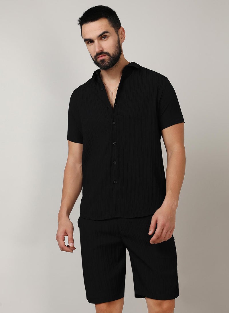 Campus Sutra Men's Midnight Black Self-Design Striped Co-Ord Set - Image 2
