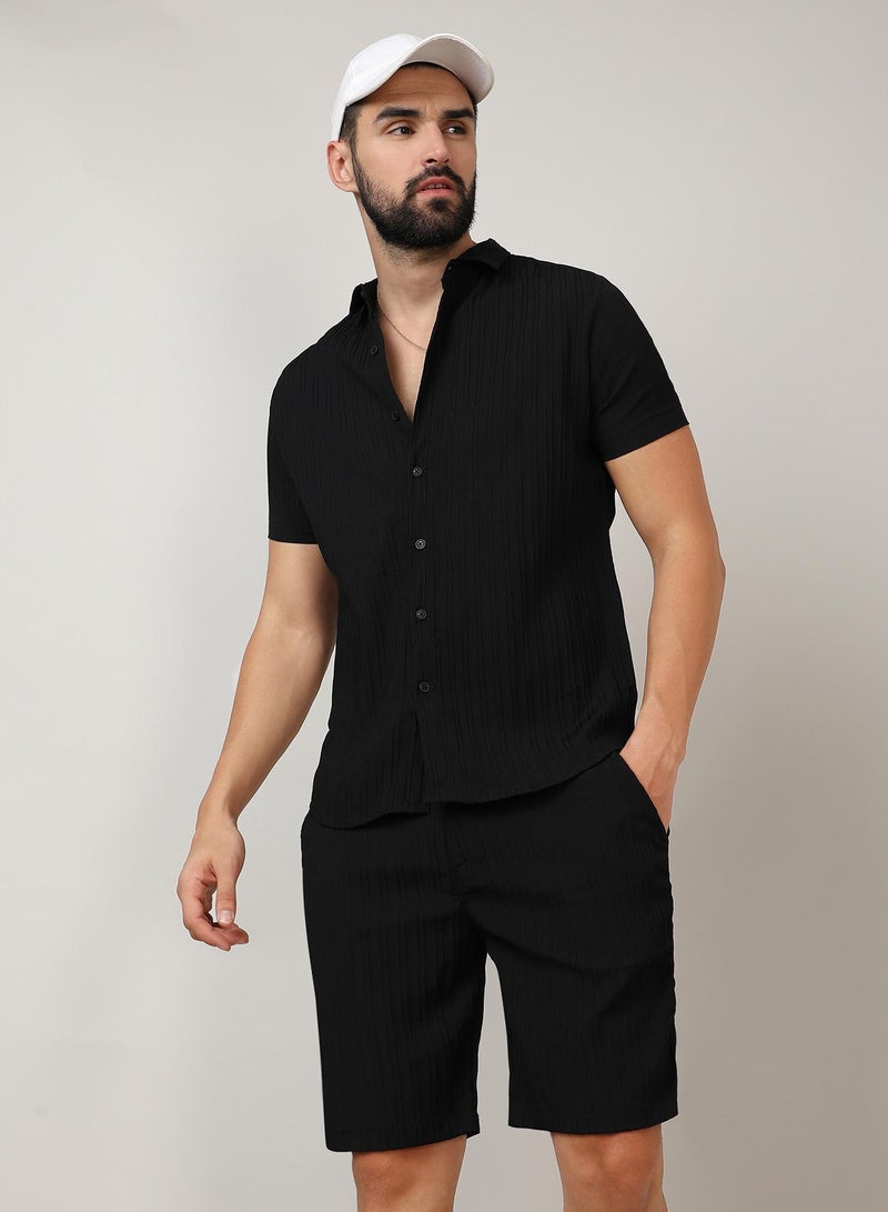 Campus Sutra Men's Midnight Black Self-Design Striped Co-Ord Set - Image 1