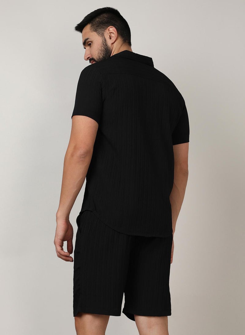 Campus Sutra Men's Midnight Black Self-Design Striped Co-Ord Set - Image 5