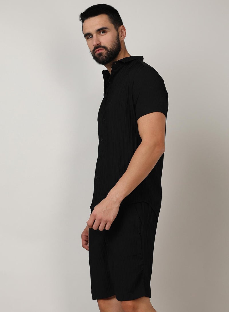 Campus Sutra Men's Midnight Black Self-Design Striped Co-Ord Set - Image 3