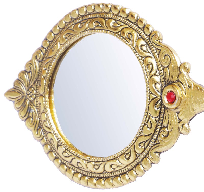 KridayKraft Beautifully Carved Round Shape Framed Gold Plating Metal Hand Mirror for Makeup, Travelling, Salon Mirror & Decorative Mirror Antique Item for Wedding Gifts. - Image 4