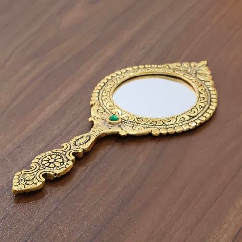 KridayKraft Beautifully Carved Round Shape Framed Gold Plating Metal Hand Mirror for Makeup, Travelling, Salon Mirror & Decorative Mirror Antique Item for Wedding Gifts. - Image 2