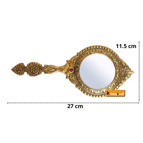 KridayKraft Beautifully Carved Round Shape Framed Gold Plating Metal Hand Mirror for Makeup, Travelling, Salon Mirror & Decorative Mirror Antique Item for Wedding Gifts. - Image 3