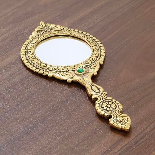 KridayKraft Beautifully Carved Round Shape Framed Gold Plating Metal Hand Mirror for Makeup, Travelling, Salon Mirror & Decorative Mirror Antique Item for Wedding Gifts. - Image 1
