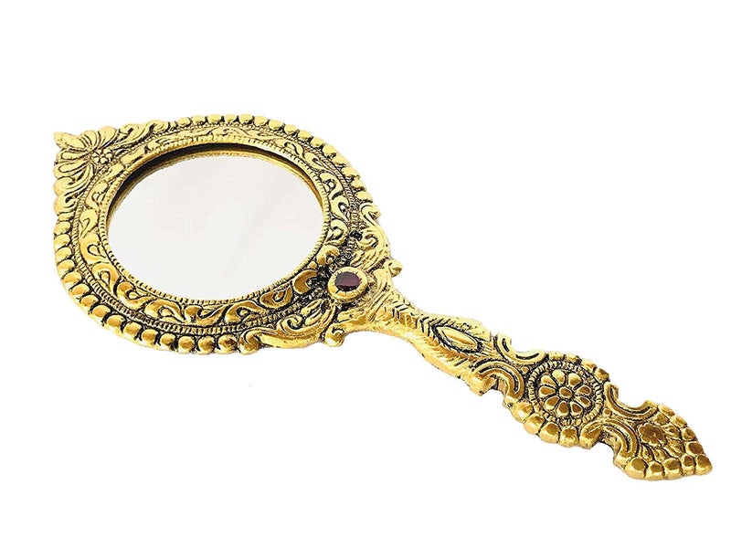 KridayKraft Beautifully Carved Round Shape Framed Gold Plating Metal Hand Mirror for Makeup, Travelling, Salon Mirror & Decorative Mirror Antique Item for Wedding Gifts. - Image 5