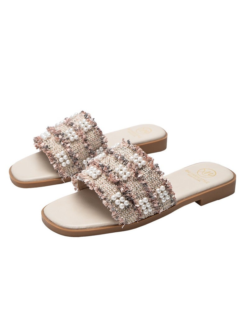 KUYING Summer Fragrant Cool Slippers for Women Wearing Flat Bottom Slippers 