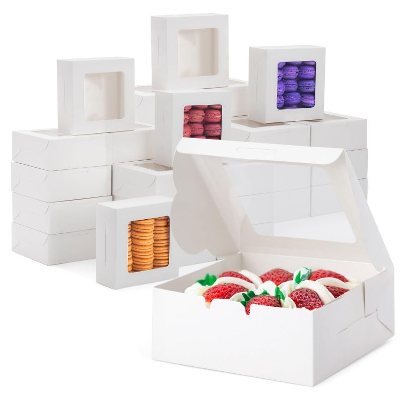 Juvale Bakery Boxes with Window 6 x 6 x 25 in White 50 Count Bulk Pastry Dessert Boxes To Go Treat Containers for Cupcakes Cookies Pastries