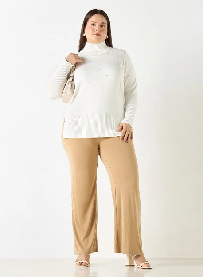 Ulla Popken Plus Size Ulla Popken Pearl Embellished High-Neck Sweater with Side Slit