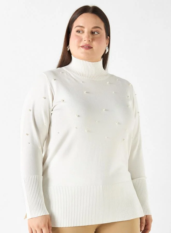 Ulla Popken Plus Size Ulla Popken Pearl Embellished High-Neck Sweater with Side Slit