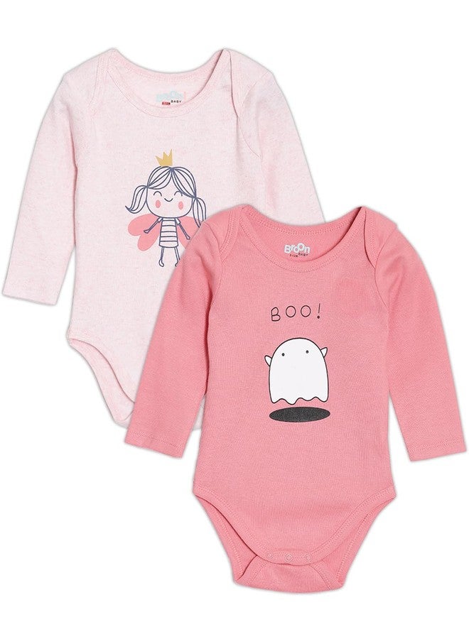 Broon Boys & Girls Light Pink and Fuchsia Printed Rompers | Premium Organic Cotton | Full Sleeves with Print and Embroidery | Infant Wear | Chemical Free | Pack of 2 - Image 1