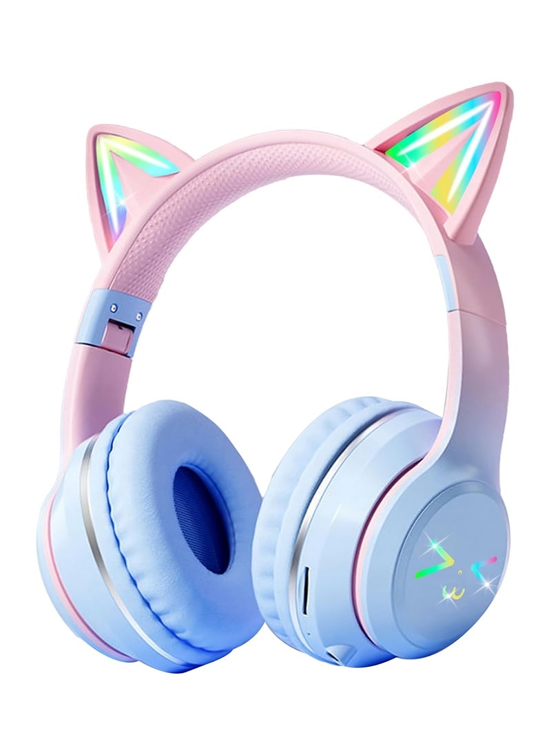 FIRST PRO - Cat Ear Headphones, Kids Bluetooth Headphone with Microphone, Foldable in your travel bag Comfortable and Adjustable Wireless/Wire Over Ear Headset for Girls and boys Teenagers (BLUE) - Image 1