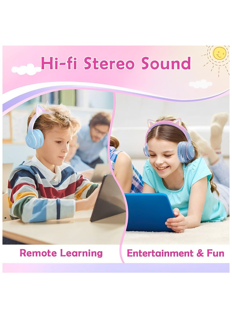 FIRST PRO - Cat Ear Headphones, Kids Bluetooth Headphone with Microphone, Foldable in your travel bag Comfortable and Adjustable Wireless/Wire Over Ear Headset for Girls and boys Teenagers (BLUE) - Image 1