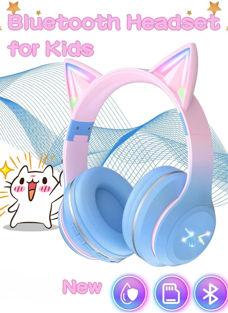 FIRST PRO - Cat Ear Headphones, Kids Bluetooth Headphone with Microphone, Foldable in your travel bag Comfortable and Adjustable Wireless/Wire Over Ear Headset for Girls and boys Teenagers (BLUE) - Image 1