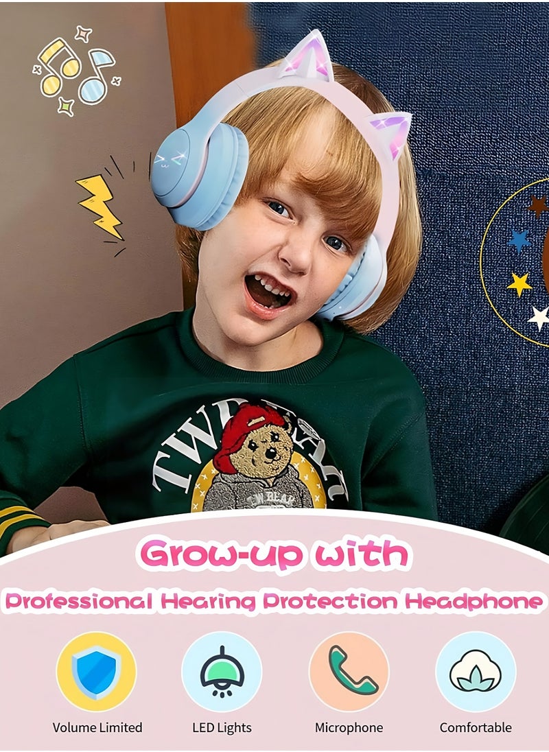 FIRST PRO - Cat Ear Headphones, Kids Bluetooth Headphone with Microphone, Foldable in your travel bag Comfortable and Adjustable Wireless/Wire Over Ear Headset for Girls and boys Teenagers (BLUE) - Image 1