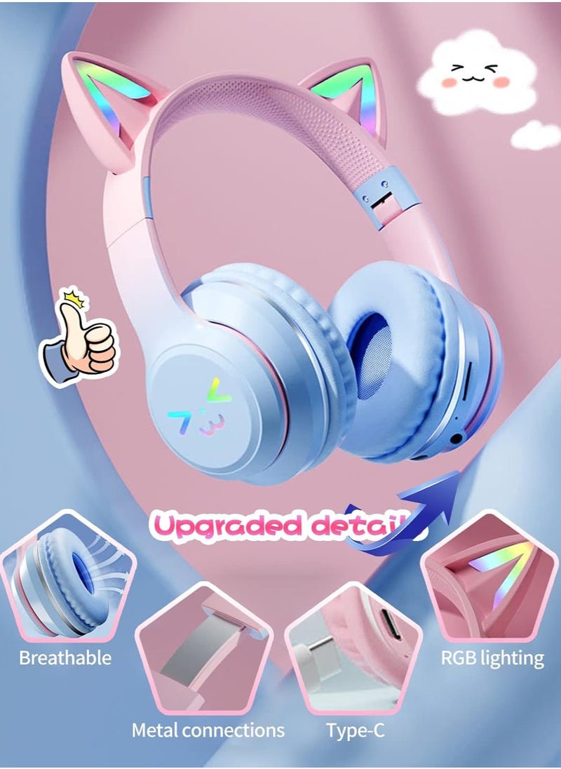 FIRST PRO - Cat Ear Headphones, Kids Bluetooth Headphone with Microphone, Foldable in your travel bag Comfortable and Adjustable Wireless/Wire Over Ear Headset for Girls and boys Teenagers (BLUE) - Image 1
