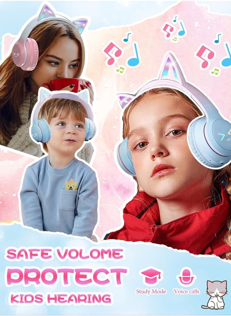 FIRST PRO - Cat Ear Headphones, Kids Bluetooth Headphone with Microphone, Foldable in your travel bag Comfortable and Adjustable Wireless/Wire Over Ear Headset for Girls and boys Teenagers (BLUE) - Image 1