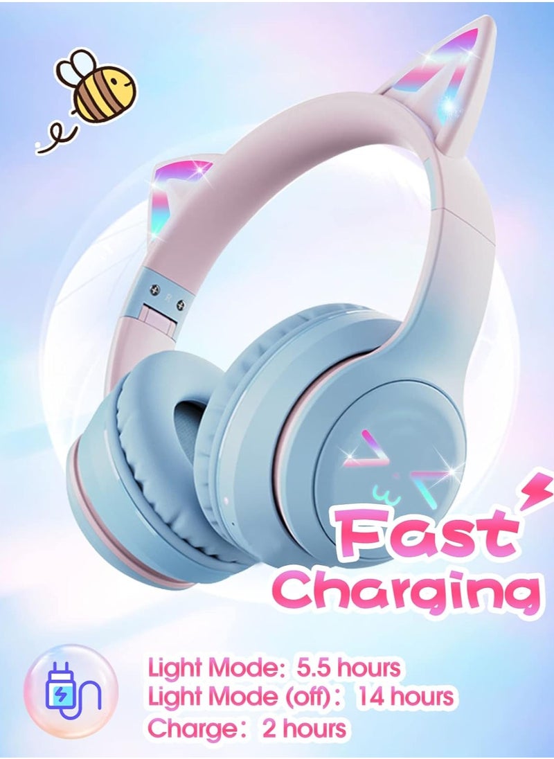 FIRST PRO - Cat Ear Headphones, Kids Bluetooth Headphone with Microphone, Foldable in your travel bag Comfortable and Adjustable Wireless/Wire Over Ear Headset for Girls and boys Teenagers (BLUE) - Image 1