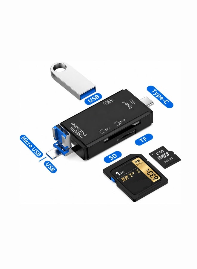 6-in-1 Multi-Port USB OTG Card Reader – Supports SD and Micro SD; features USB, Type-C, and Micro USB connectors for high-speed data transfer – Black - Image 1