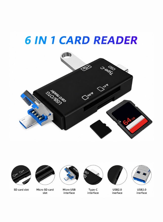 6-in-1 Multi-Port USB OTG Card Reader – Supports SD and Micro SD; features USB, Type-C, and Micro USB connectors for high-speed data transfer – Black - Image 2