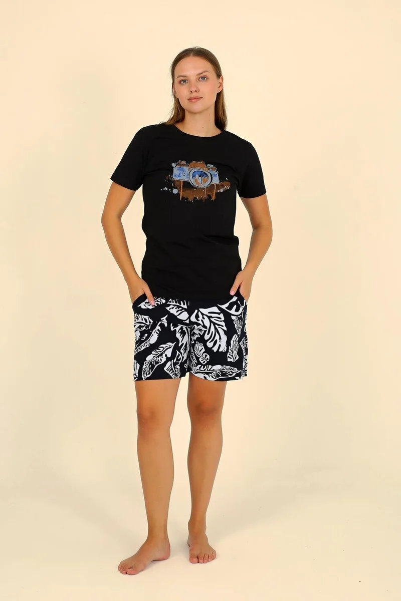اكبينيز Women's Short Sleeve Combed Cotton Pajama Set with Shorts Black 3622