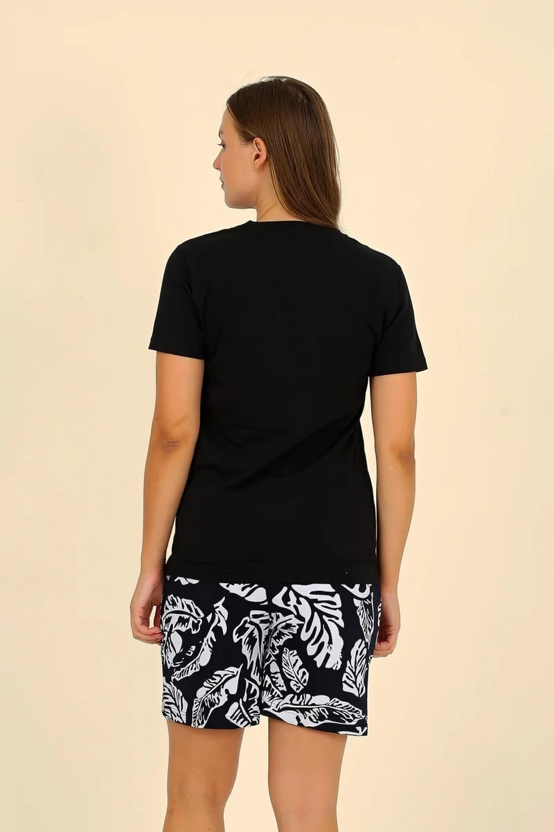 اكبينيز Women's Short Sleeve Combed Cotton Pajama Set with Shorts Black 3622