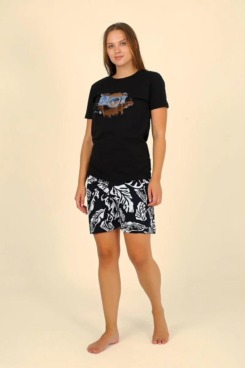 اكبينيز Women's Short Sleeve Combed Cotton Pajama Set with Shorts Black 3622