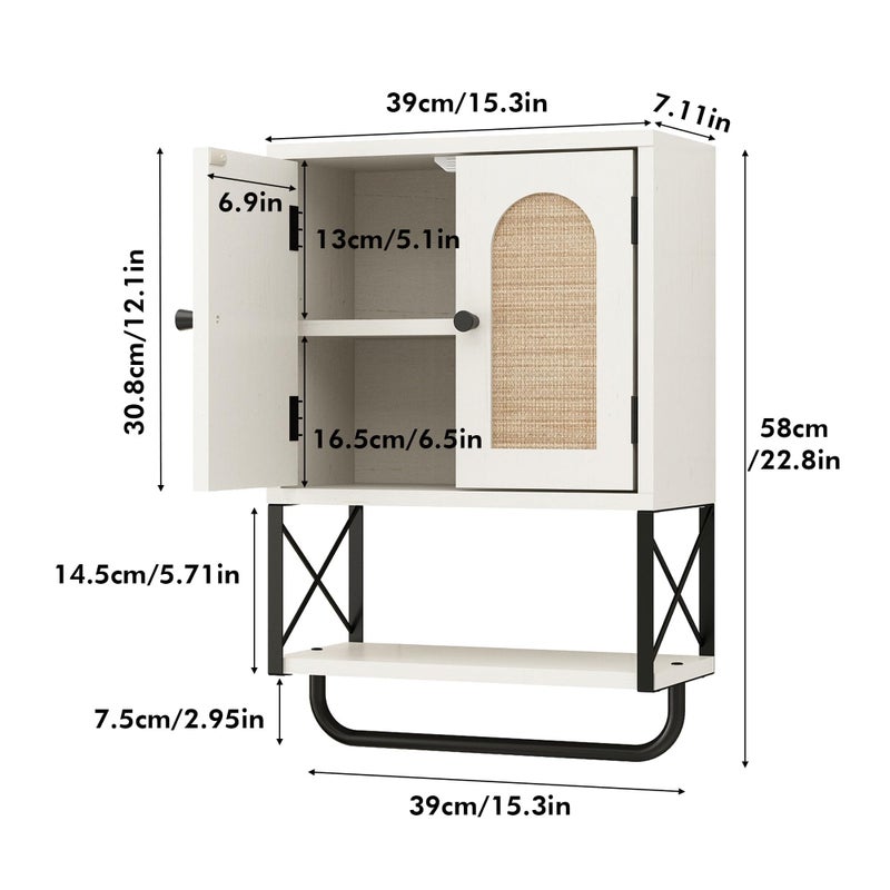 RUSTOWN Rattan Bathroom Wall Cabinet, Boho Over The Toilet Storage Cabinet with Arched Rattan Doors, Modern Medicine Cabinet with Adjustable Shelves & Towel Bar (Vintage White, Medium) - Image 3