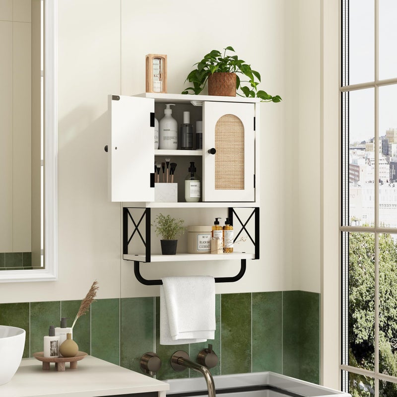 RUSTOWN Rattan Bathroom Wall Cabinet, Boho Over The Toilet Storage Cabinet with Arched Rattan Doors, Modern Medicine Cabinet with Adjustable Shelves & Towel Bar (Vintage White, Medium) - Image 2