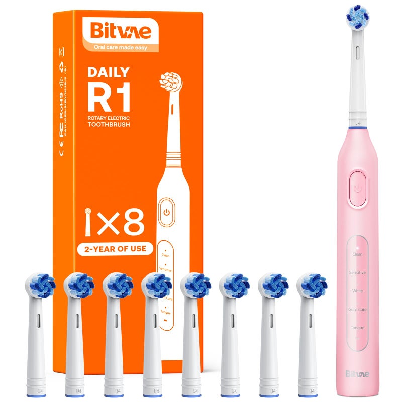 Bitvae R1 Rotating Electric Toothbrush with 8 Brush Heads for Adults and Kids 5 Modes Rechargeable Power Toothbrush 3 Hours Fast Charge for 60 Days Brushing Timer Pink