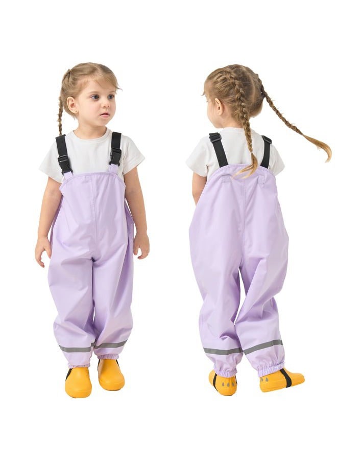 Fewlby Waterproof Trousers Kids Rain Trousers Waterproof Bib Overalls Boys Girls Rain Dungarees Wind and Waterproof Mud Pants Toddler Outdoor Rainwear with Reflective Strips, Purple, 5-6 Years - Image 1