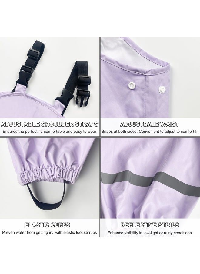 Fewlby Waterproof Trousers Kids Rain Trousers Waterproof Bib Overalls Boys Girls Rain Dungarees Wind and Waterproof Mud Pants Toddler Outdoor Rainwear with Reflective Strips, Purple, 5-6 Years - Image 4