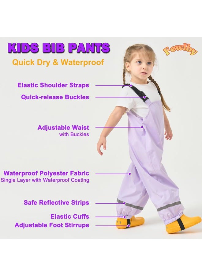 Fewlby Waterproof Trousers Kids Rain Trousers Waterproof Bib Overalls Boys Girls Rain Dungarees Wind and Waterproof Mud Pants Toddler Outdoor Rainwear with Reflective Strips, Purple, 5-6 Years - Image 3