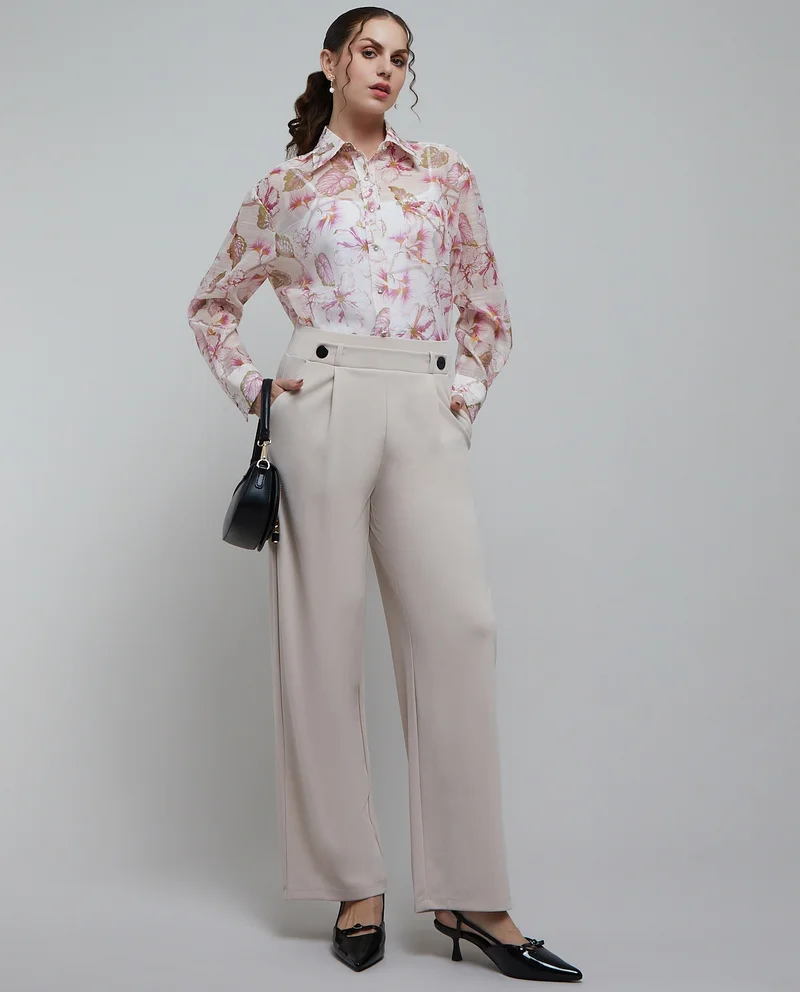 أر أند بي Solid Wide Leg Trousers with Button Closure