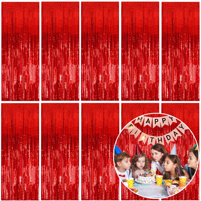 K.E.J. 10 Pack Foil Curtain Backdrop Red Metallic Tinsel Foil Fringe Curtains Photo Booth Props for Birthday Wedding Engagement Baby Shower Bachelorette Christmas Holiday Celebration Party Decorations - Image 1
