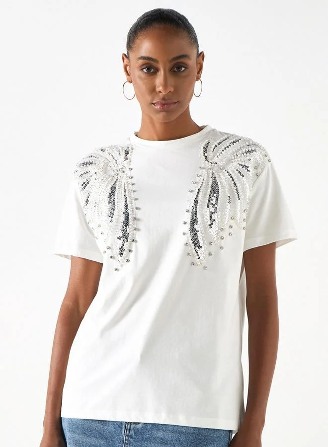 2Xtremz 2Xtremz Embellished Crew Neck T-shirt with Short Sleeves