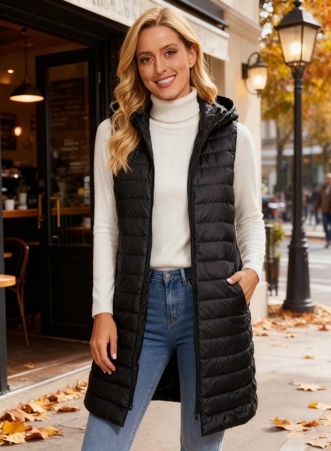 ELFJOY Women's Long Down Vest Zipper Lightweight Puffer Jackets with Hood Black M - Image 3