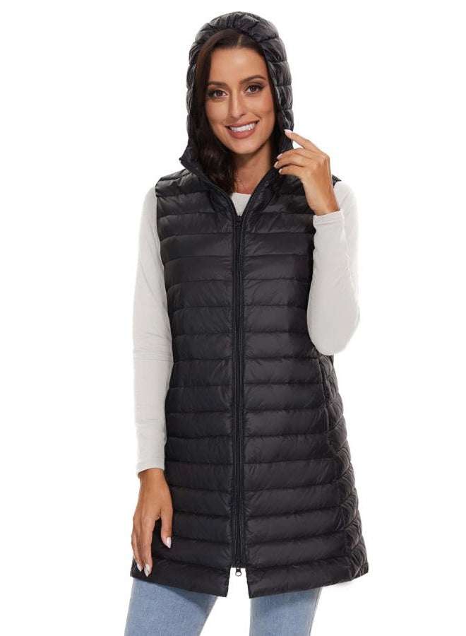 ELFJOY Women's Long Down Vest Zipper Lightweight Puffer Jackets with Hood Black M - Image 5