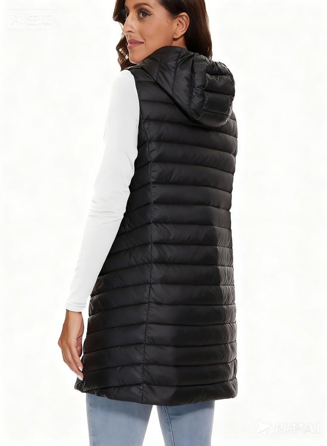 ELFJOY Women's Long Down Vest Zipper Lightweight Puffer Jackets with Hood Black M - Image 2