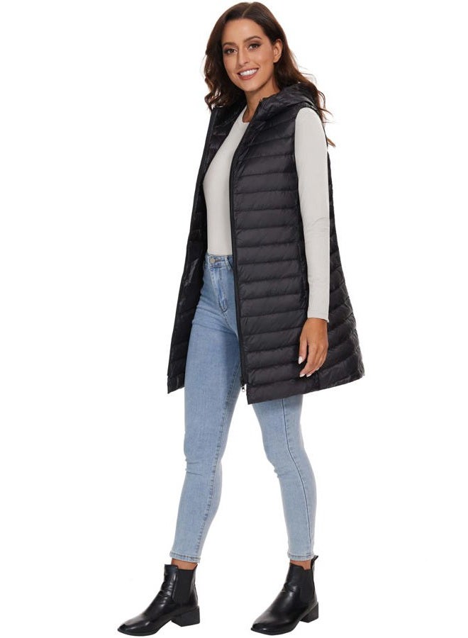 ELFJOY Women's Long Down Vest Zipper Lightweight Puffer Jackets with Hood Black M - Image 4