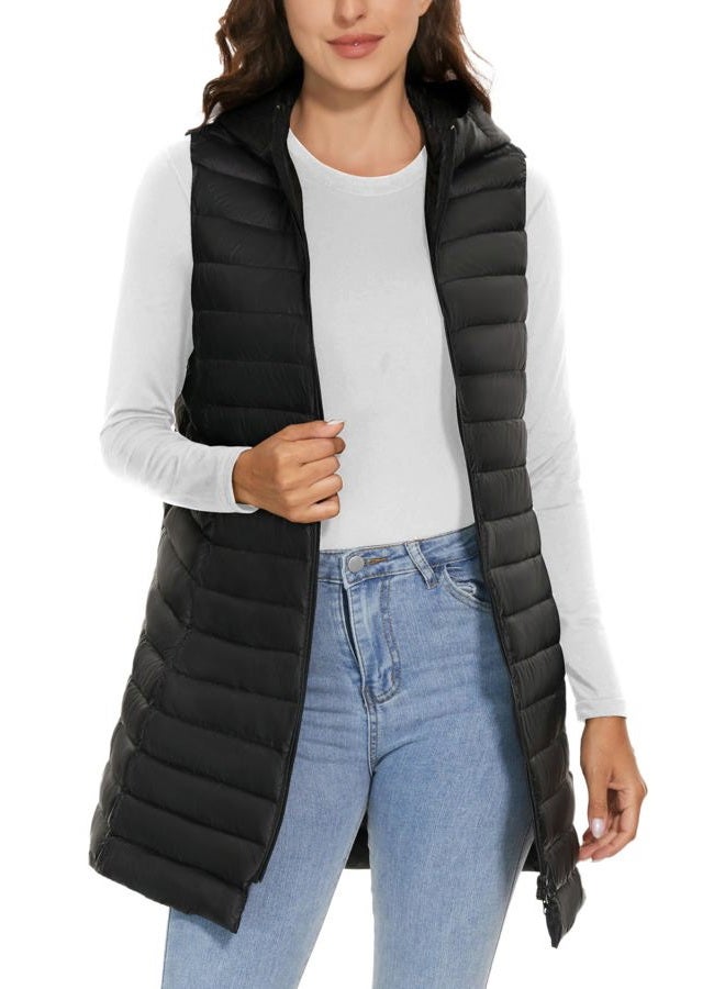 ELFJOY Women's Long Down Vest Zipper Lightweight Puffer Jackets with Hood Black M - Image 1