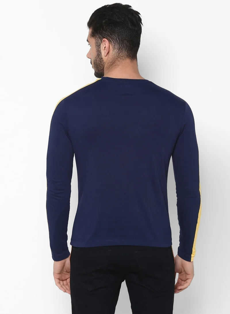 Urbano Fashion Urbano Fashion Men's Navy Blue Side Striped Full Sleeve Cotton T-Shirt