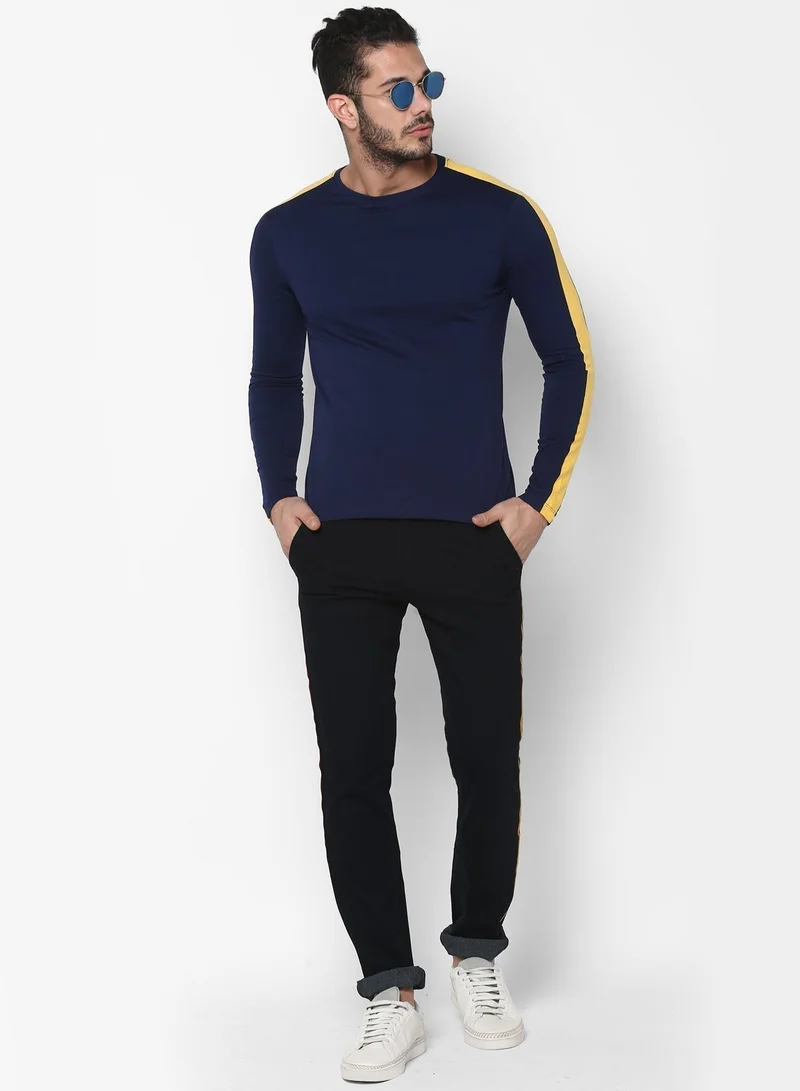 Urbano Fashion Urbano Fashion Men's Navy Blue Side Striped Full Sleeve Cotton T-Shirt