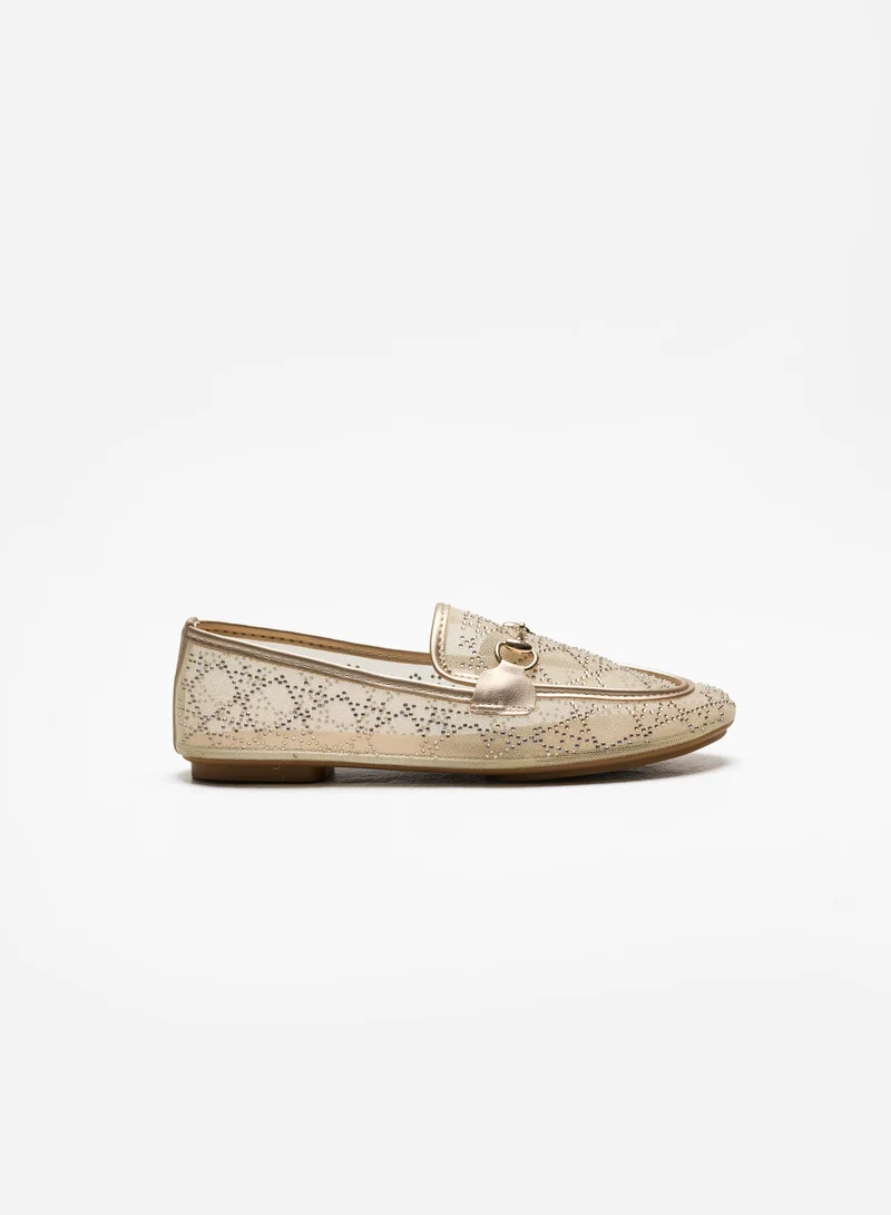 Sunfere Chic Gold Mesh Rhinestone Horsebit Loafers