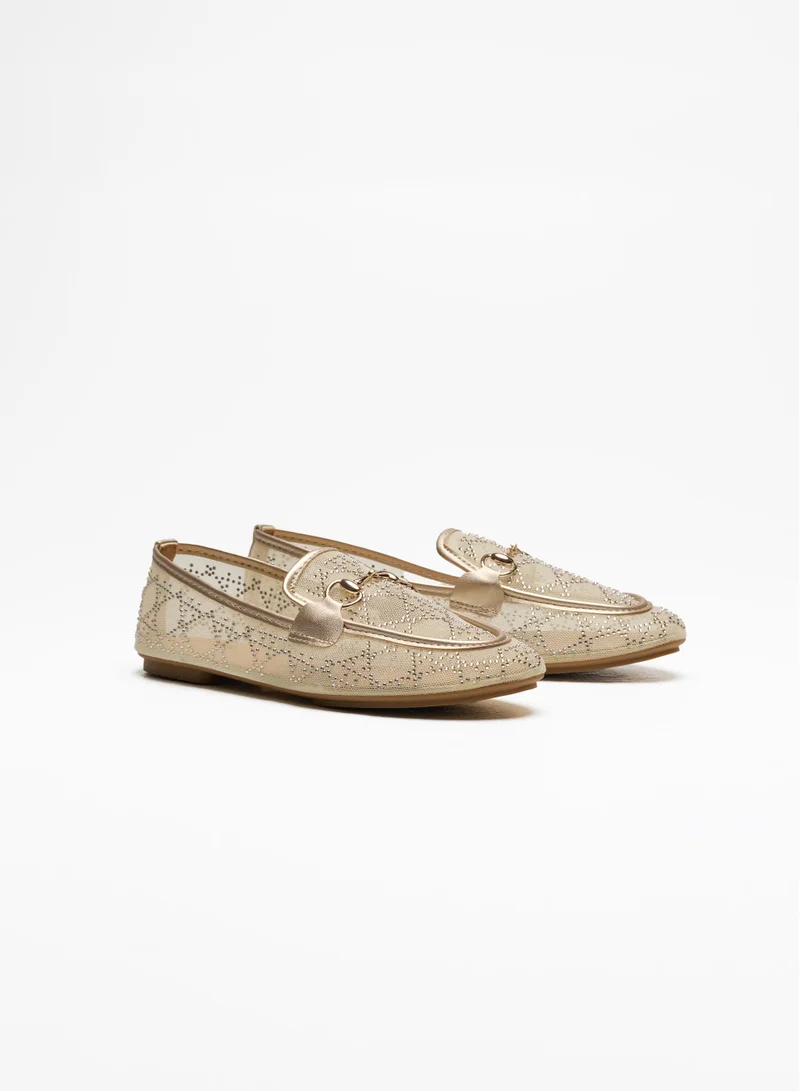 Sunfere Chic Gold Mesh Rhinestone Horsebit Loafers
